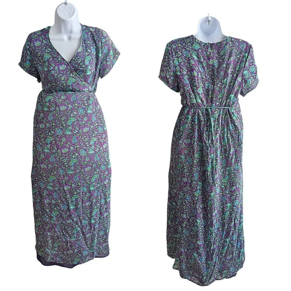 NWT Vintage Y2K MIMI MATERNITY 100% Silk Paisley Purple Green Maxi Dress Size M